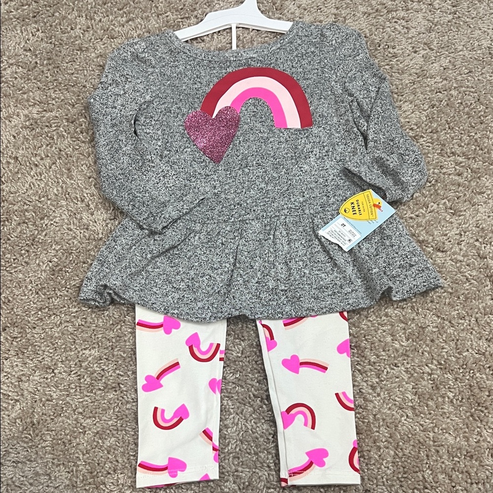 Cat and Jack Gray Rainbow and Heart Top with White Leggings
